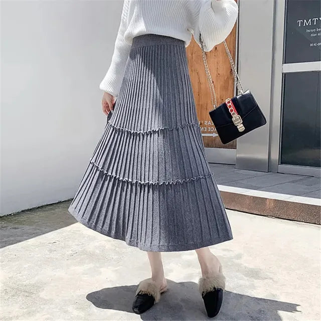 Thick Knit Skirt Women's Autumn Winter Wild Mid-Length Ruffle Pleated Skirt Korean Fenale High Waist Solid Color Wool Skirt
