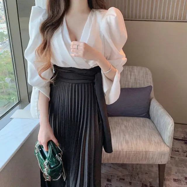 Girl Japan Style Asymmetrical Lace-up Solid Casual Sweet Natural Factors Waist Pleated Midi Ankle-Length Skirt