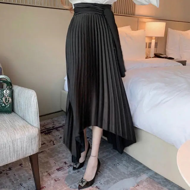 Girl Japan Style Asymmetrical Lace-up Solid Casual Sweet Natural Factors Waist Pleated Midi Ankle-Length Skirt
