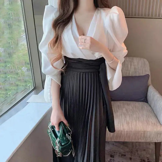 Girl Japan Style Asymmetrical Lace-up Solid Casual Sweet Natural Factors Waist Pleated Midi Ankle-Length Skirt