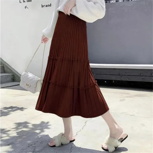 Thick Knit Skirt Women's Autumn Winter Wild Mid-Length Ruffle Pleated Skirt Korean Fenale High Waist Solid Color Wool Skirt