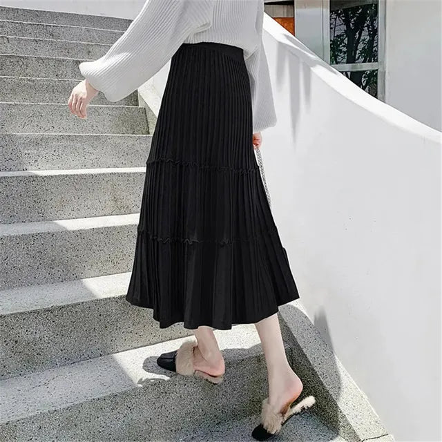 Thick Knit Skirt Women's Autumn Winter Wild Mid-Length Ruffle Pleated Skirt Korean Fenale High Waist Solid Color Wool Skirt