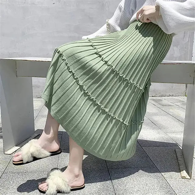 Thick Knit Skirt Women's Autumn Winter Wild Mid-Length Ruffle Pleated Skirt Korean Fenale High Waist Solid Color Wool Skirt
