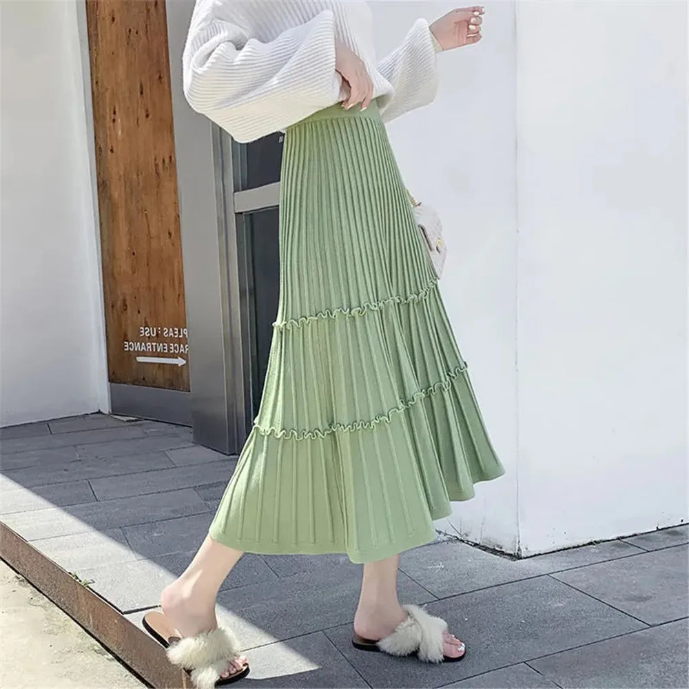 Thick Knit Skirt Women's Autumn Winter Wild Mid-Length Ruffle Pleated Skirt Korean Fenale High Waist Solid Color Wool Skirt