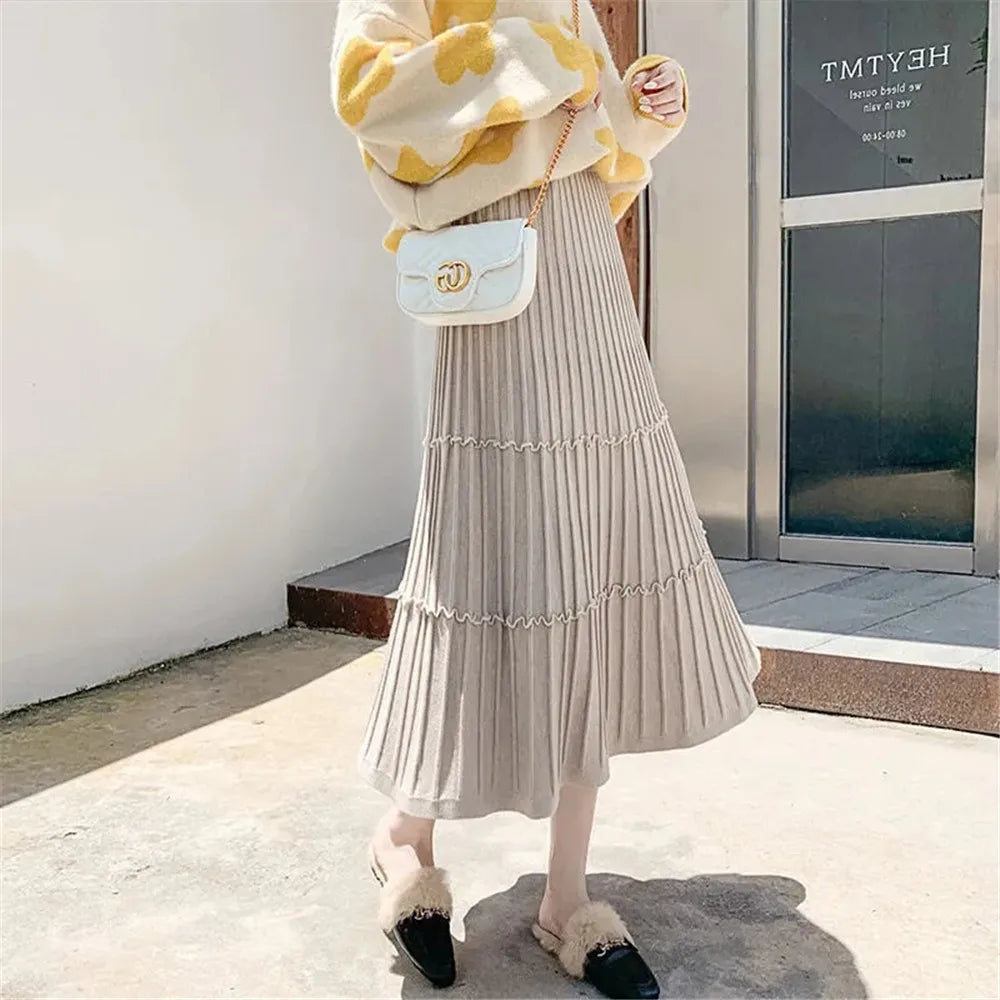 Thick Knit Skirt Women's Autumn Winter Wild Mid-Length Ruffle Pleated Skirt Korean Fenale High Waist Solid Color Wool Skirt